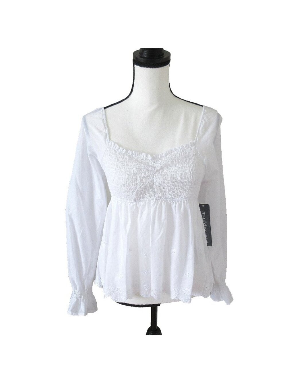 NWT Madden Girl Juniors' L White Long-Sleeve Eyelet Peasant Top Y2K Inspired